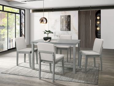 Grey Finish 5pc Dining Room Set Dining Table 4x Chairs Beige Fabric Chair Seat Kitchen Breakfast Dining room Furniture Rubberwood Veneer Unique D