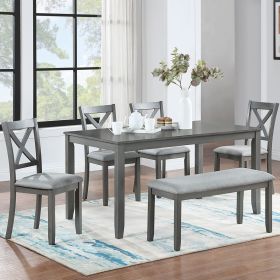 6 Piece Kitchen Dining Set, Rectangular Wooden Dining Table with 4 Upholstered Chairs and a Bench, Dining Table Set for 6 People, Living Room