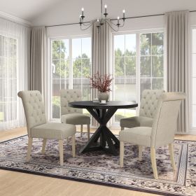 Banff 5-piece Dining Set, Cross-Buck Round Table with 4 Tufted Chairs, TAN