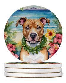 Pit Bull Terrier Luau Large Sandstone Coasters Pack of 4 Absorbent Round Coasters Decor Gifts for Men or Women, 4 in, Multicolor