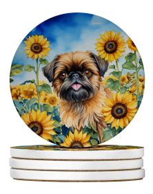 Brussels Griffon in Sunflowers Large Sandstone Coasters Pack of 4 Absorbent Round Coasters Decor Gifts for Men or Women, 4 in, Multicolor