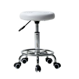 Height Adjustable Mobile Swivel Bar Stool PU Leather Padded Seat Round Stool with Lines Rotation Bar Stool (Color: White)