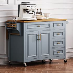 52" Kitchen Island with Drop Leaf, Embossed Texture Kitchen Island on Wheels with Spice Rack, Towel Rack, 2 Doors and 5 Drawers (Color: Blue+Grey, Material: MDF)