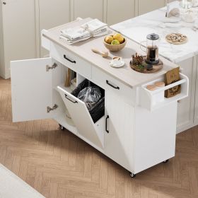 Kitchen Island with Trash Can Storage Cabinet, Kitchen Cart with Drop Leaf, Spice Rack, Towel Rack and Drawer (Color: Ameican White Oak, Material: Particle Board)