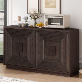 Vintage Distressed 4-Door Sideboard with Adjustable Shelves and Geometric Pattern for Dining Room,Kitchen and Living Room (Color: Espresso, Material: Solid Wood+MDF)