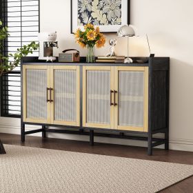 Rustic Sideboard with Decorative Rattan Doors and Adjustable Shelves for Entryway,Dining Room,or Living Room (Color: Black+Natural, Material: MDF)