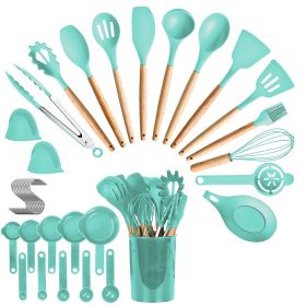 35Pcs Kitchen Cooking Utensils Set Spatula Set Baking Utensil Set Kitchen Accessories Necessities with Holder Egg Whisk Separator Tong Turner Spo (Color: Green)