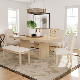 Contemporary 6-Pcs 78 inch Extendable Pedestal Dining Table Set with 18 inch Removable Leaf and Dining Bench, 4 Upholstered Dining Chairs (Color: Natural+Beige, Material: Rubber Wood)