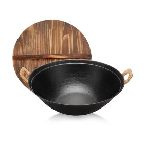 Cast Iron Wok Pan with Dual Handle and Wooden Lid(AMZ Shipping) (Color: Black, Pan Diameter: 13.4inch)