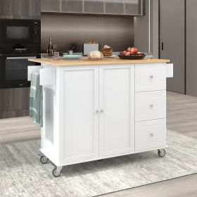 Rolling Mobile Kitchen Island with Solid Wood Top and Locking Wheels,52.7 Inch Width,Storage Cabinet and Drop Leaf Breakfast Bar,Spice Rack (Color: White, Material: MDF)