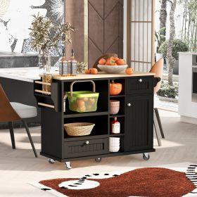 Kitchen Island Cart with Storage Cabinet and Two Locking Wheels,Solid wood desktop,Microwave cabinet (Color: Black, Material: MDF)