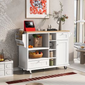 Kitchen Island Cart with Storage Cabinet and Two Locking Wheels,Solid wood desktop,Microwave cabinet (Color: White, Material: MDF)