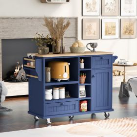 Kitchen Island Cart with Storage Cabinet and Two Locking Wheels,Solid wood desktop,Microwave cabinet (Color: Dark Blue, Material: MDF)