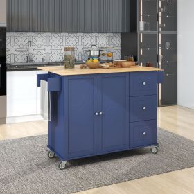 Rolling Mobile Kitchen Island with Solid Wood Top and Locking Wheels,52.7 Inch Width,Storage Cabinet and Drop Leaf Breakfast Bar,Spice Rack (Color: Blue, Material: MDF)