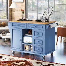 Kitchen cart with Rubber wood desktop rolling mobile kitchen island with storage and 5 draws 53 Inch length (Color: Blue, Material: MDF)